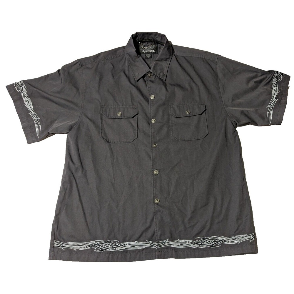 CHROME‎ EAGLE Men  XL Gray Snap Button Embroidered Moto Mechanics Shirt